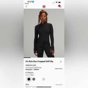 Lululemon It’s Rulu Run Cropped Half Zip Size 8